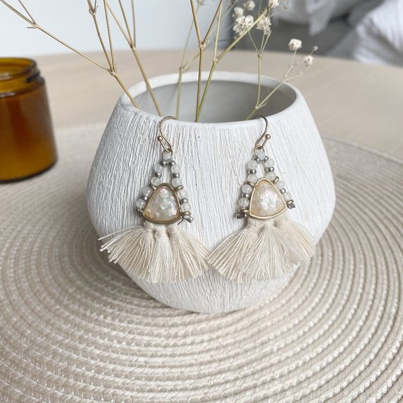 Ivory Tassel Beaded Drop Earrings - Picture 1 of 2